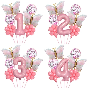 Pink Butterfly Aluminum Foil Balloon Set Birthday Party Decoration Number Butterfly Flower Balloons Kit For Kids Celebration