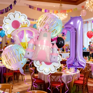 Kit de ballons château de princesse et carrosse avec chiffre un pour premier anniversaire