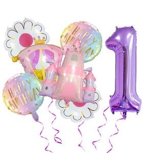 Kit ballons château de princesse et carrosse avec chiffre 1 violet pour premier anniversaire