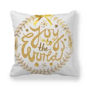 Detail of Joy to the world golden glitter print on white peach skin Christmas pillowcase