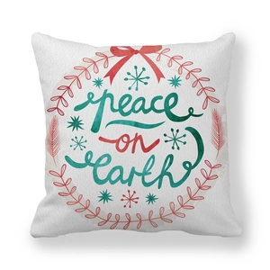 Christmas peace on earth throw pillow cover with red wreath and green snowflake