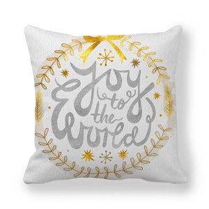Christmas Joy to the World throw pillow case with golden bow and wreath on white fabric