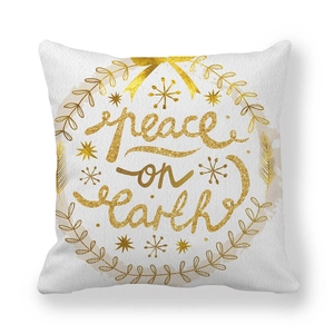 White peach skin pillow case with gold glitter Peace On Earth wreath design