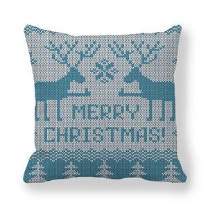 Detail of blue and white Nordic knit reindeer pattern on Christmas peach skin pillowcase