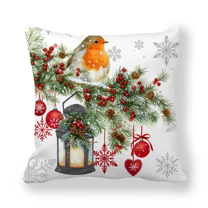 Christmas robin pillow cover with watercolor pine branch and red lantern print