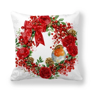 Christmas robin decorative throw pillow cover with watercolor flower wreath and red bow