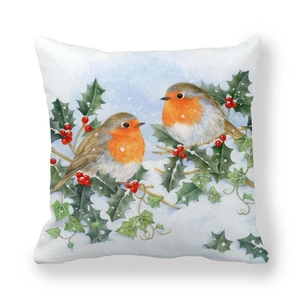 Robin bird Christmas peach skin pillowcase with watercolor winter holly and red berry design