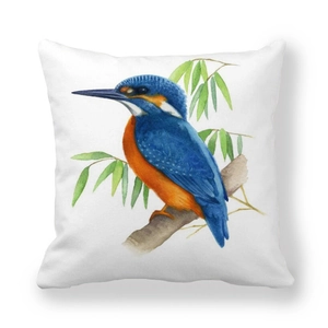 Detail of robin watercolor print on white festive peach skin Christmas pillowcase