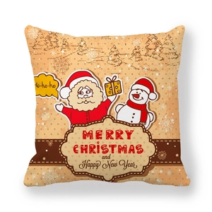 Christmas peach skin pillow case with cartoon Santa and Snowman on beige background