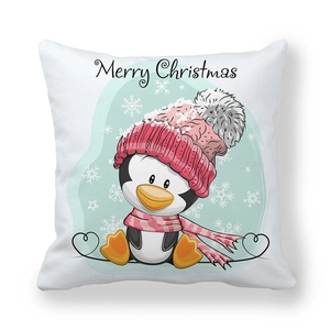 Detail eines Pinguin-Motivs auf weißem Pfirsichhaut-Stoff für Weihnachts-Kissenbezüge