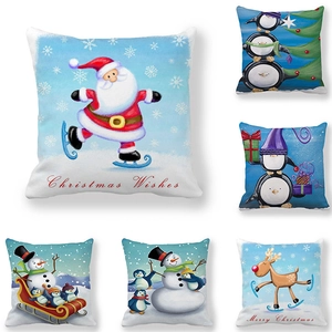 Christmas Cartoon Peach Skin Pillowcase With Santa Claus Penguin Snowman Patterns Winter Holiday Cushion Cover Home Decor