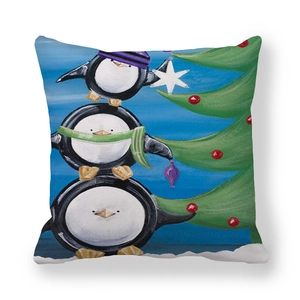 Detail of Christmas peach skin pillowcase showing festive oil painting penguin print