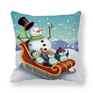 Christmas snowman and penguins illustration on a soft peach skin square pillowcase