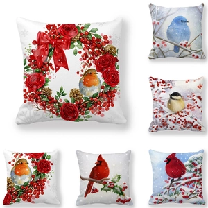 Christmas Robin Bird Cushion Cover Peach Skin Velvet Winter Watercolor Snow Red Berries Home Decor Pillowcase
