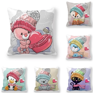 Taie d'Oreiller en Peau de Pêche Animaux de Dessin Animé de Noël Chouette Renard Chat Ours Bonhomme de Neige Décoratif