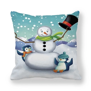 Peach skin pillowcase with snowman and penguins illustration for Christmas home decor