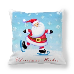 Macro view of Christmas peach skin pillow cover with skating Santa and snowflake details