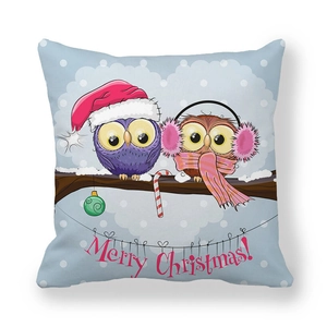 Housse de coussin de Noël avec chouettes mignonnes et bannière Merry Christmas bleu clair