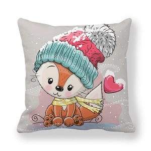 Housse de coussin renard de Noël en peau de pêche avec motifs de cœurs et de flocons