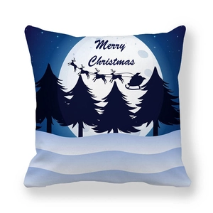Detail of starry night Christmas pillowcase with Santa reindeer silhouette and pine trees