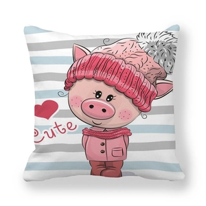 Détail de la housse de coussin en peau de pêche avec un petit cochon mignon et rayures