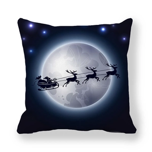 Detail of Christmas pillowcase showing Santa and reindeer silhouette against starry sky