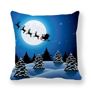 Close-up of Santa Claus sleigh and reindeer silhouette on a starry night cushion cover