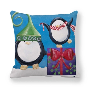 Christmas peach skin throw pillowcase featuring cute penguins with a purple gift box