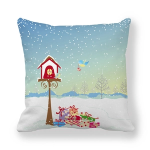Close-up of peach skin texture showing the festive winter birdhouse and snow illustration