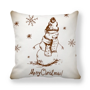 Close-up of hand-drawn snowman illustration on peach skin fabric Christmas pillow case