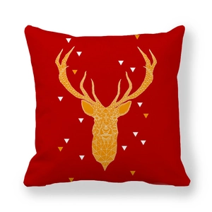 Christmas deer head pillow cover in red peach skin fabric with golden geometric deer pattern