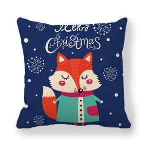 Detail of Christmas pillowcase with cartoon fox illustration and Merry Christmas text