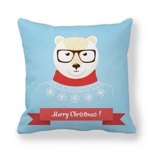 Square light blue Christmas pillowcase with cartoon bear and Merry Christmas ribbon