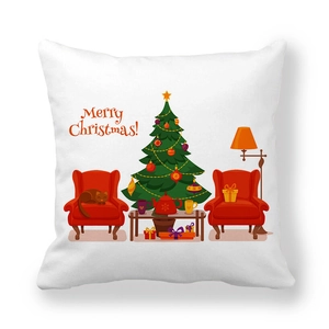 Detail of soft peach skin pillow cover with a cozy Christmas living room scene illustration