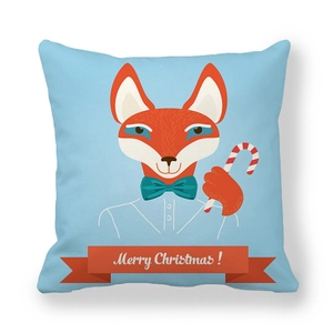 Blue Christmas peach skin pillowcase featuring a cute fox holding a candy cane