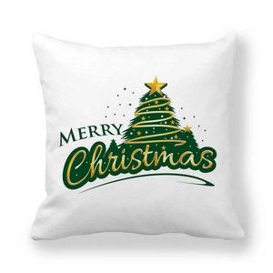 Square peach skin pillowcase with green Christmas tree and Merry Christmas text