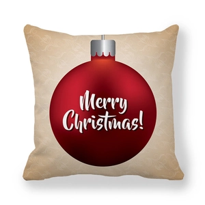 Detail of soft peach skin pillow cover with Merry Christmas red ornament print