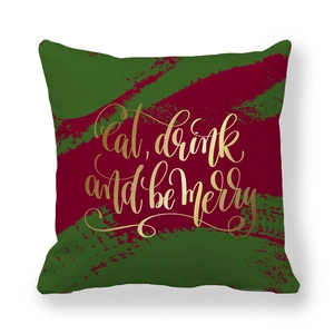 Housse de coussin Noël avec texte doré Eat Drink and Be Merry sur texture rouge et vert