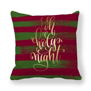 Housse de coussin Noël en peau de pêche avec texte doré Oh Holy Night et rayures rouges vertes