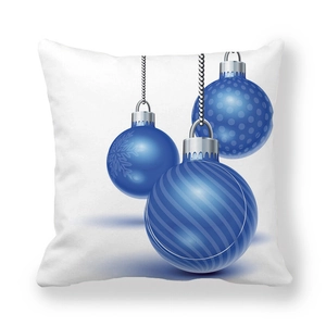 Square Christmas pillow case with blue bauble ornaments on white peach skin fabric