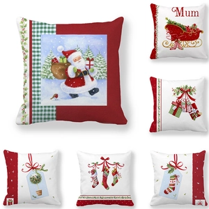 Christmas themed red cushion cover featuring Santa and gifts for holiday home decor