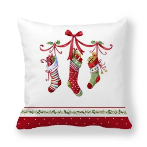 Detail of Christmas pillowcase featuring hanging stockings with festive holly border design