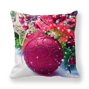Christmas ball peach skin throw pillow cover with red ribbon and pine needles pattern