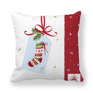 Detail of red wavy trim and Christmas gift tag print on white peach skin pillowcase