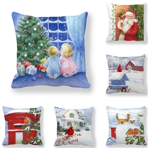 Christmas Pillowcase Peach Skin Velvet Cushion Cover Winter Watercolor Santa Reindeer Home Decor Square Soft Festive
