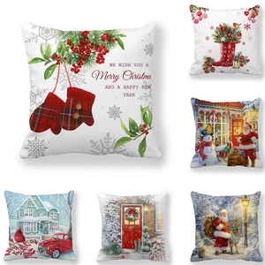 Taie d'Oreiller de Noël en Peau de Pêche Aquarelle Père Noël Renne Scène de Neige Housse de Coussin Décorative pour Maison