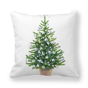 Detail of soft peach skin pillowcase featuring watercolor Christmas tree pattern on white