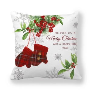 Housse de coussin de Noël en peau de pêche avec motifs aquarelle de mitaines et houx