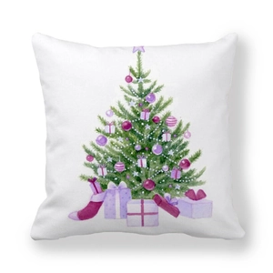 Detail of Christmas peach skin pillowcase showing watercolor tree with purple ornaments