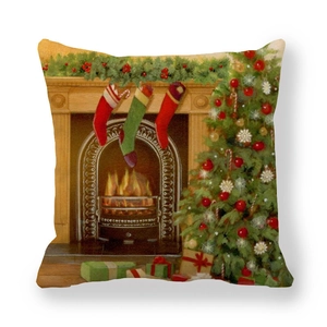 Detail view of peach skin pillowcase with festive fireplace and Christmas tree print